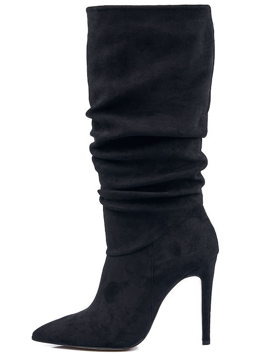 Makis Fardoulis Suede Γυναικείες Μπότες με Ψηλό Τακούνι Μαύρες