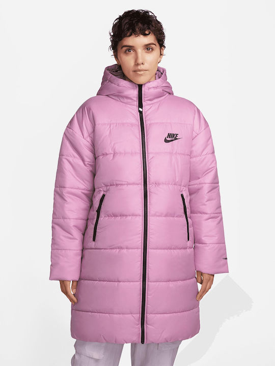 Nike Μακρύ Γυναικείο Puffer Μπουφάν για Χειμώνα Μωβ