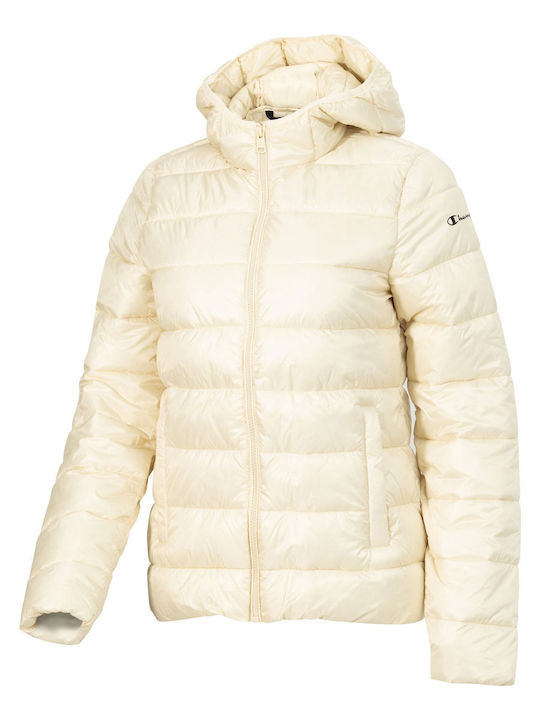 Champion Women's Short Puffer Jacket for Winter with Hood Beige