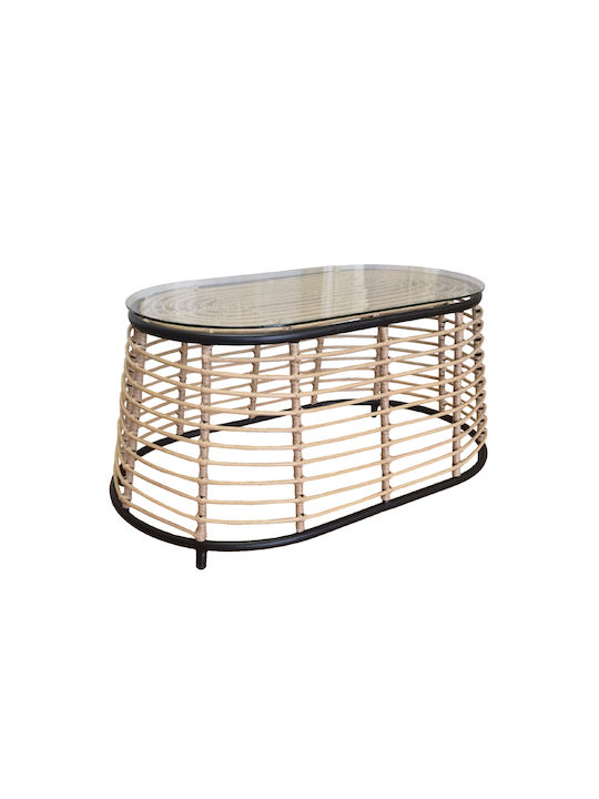 Loom Sitting Room Outdoor Free Standing Table with Glass Surface and Rattan Frame Natural 55x95x45cm