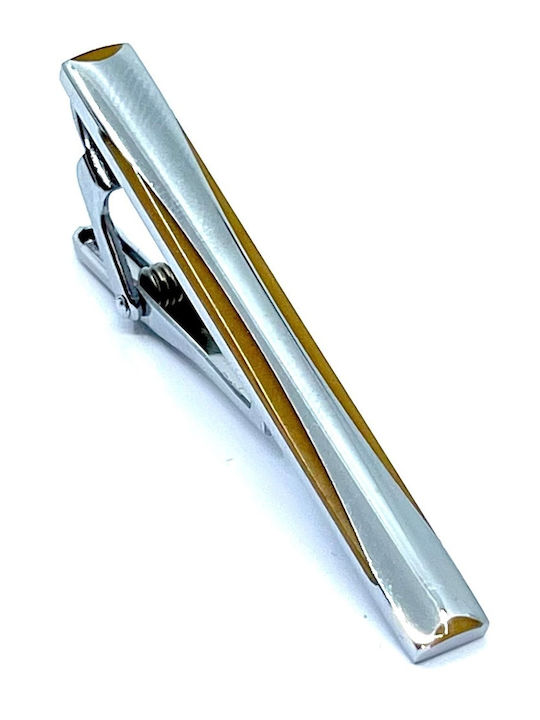 Ασημί Clip Γραβάτας με Καφέ Σμάλτο 5,5 cm
