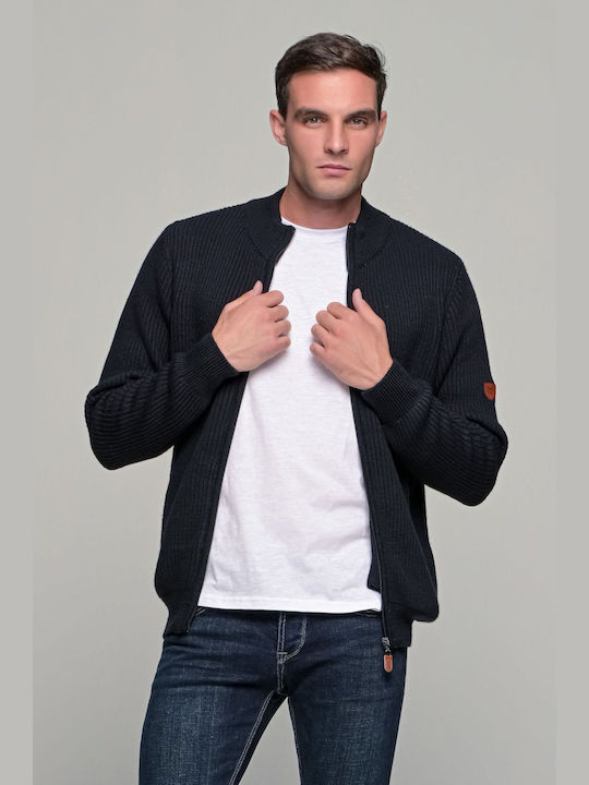 Μπλε ζακέτα με φερμουάρ και πλέξη ρίγα- regular fit