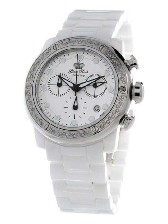 Glam Rock Γυναικείο Ρολόι 42mm Χρονογράφος Μπαταρίας με Λευκό Μεταλλικό Μπρασελέ