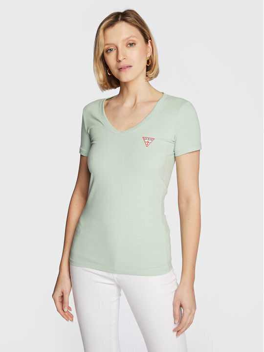 Guess Damen T-Shirt mit V-Ausschnitt Light Green