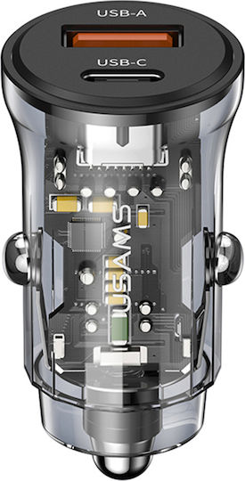 Usams C32 CC164 Auto-Ladegerät 30W mit Anschlüssen: 1xUSB 1xType-C Schwarz Farbe