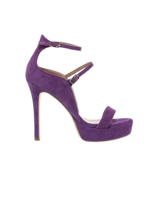 Mourtzi Platform Suede Women's Sandals with Ankle Strap Purple with Thin High Heel