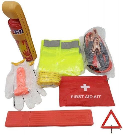 Car Safety MOT Kit with First Aid Kit Fire Extinguisher Warning Triangle Reflective Vest Jump Leads Tow Rope Emergency Hammer & Gloves