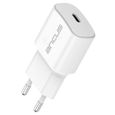 Ancus Încărcător Fără Cablu cu Port USB-C 20W Încărcare rapidă 3.0 Albς (C70)