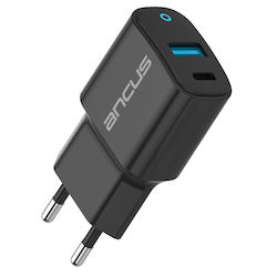 Ancus Φορτιστής Χωρίς Καλώδιο με Θύρα USB-A και Θύρα USB-C 20W Quick Charge 3.0 Μαύρος (C70L)