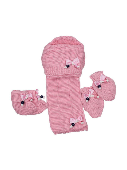 Kamtex Baby Σετ Παιδικό Σκουφάκι με Κασκόλ / Γάντια / Καλτσάκια Πλεκτό Ροζ