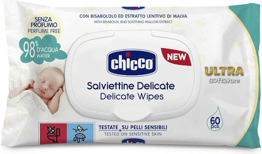 Chicco Delicate Ultra Soft & Pure Μωρομάντηλα χωρίς Οινόπνευμα & Άρωμα 60τμχ