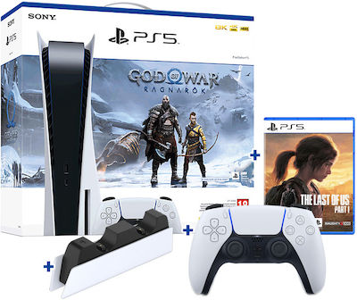 Sony PlayStation 5 with 2nd Dualsense Controller White & Charging Station & God of War: Ragnarok (Voucher) & The Last of Us Part I