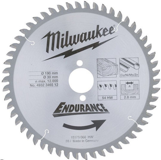 Milwaukee Cutting Disc Wood Hole Diameter 190mm with 54 Teeth 1pcs