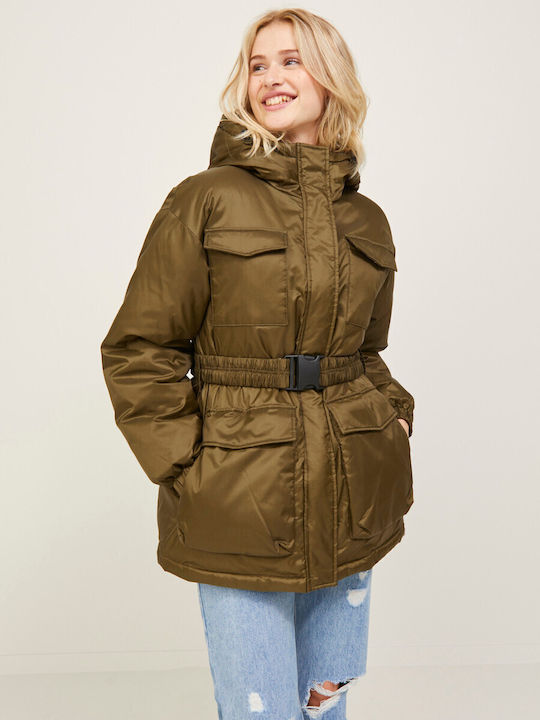 Jack & Jones Women's Short Lifestyle Jacket for Winter with Hood Khaki