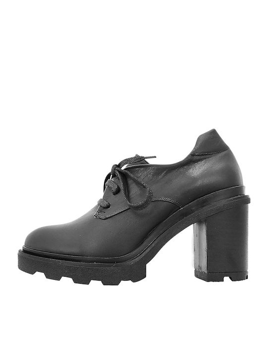 Chand Δερμάτινα Γυναικεία Μποτάκια Oxfords με Ψηλό Τακούνι Μαύρα