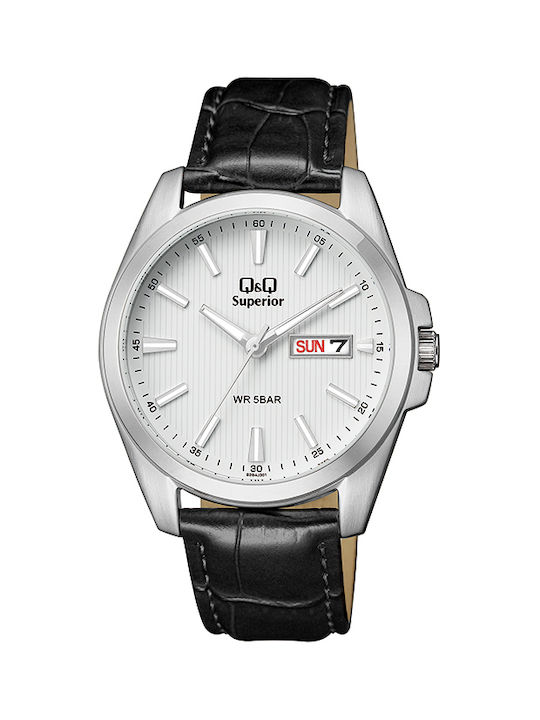 Q&Q Superior Ρολόι Μπαταρίας με Δερμάτινο Λουράκι σε Μαύρο χρώμα