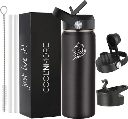 Cool'NMore Jet Μπουκάλι Θερμός Ανοξείδωτο BPA Free 500ml Μαύρο με Επιστόμιο, Θηλιά, Καλαμάκι και Λαβή