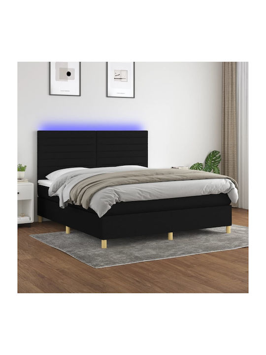 Bed Queen Upholstered with Fabric Black with Slats & Mattress 160x200cm
