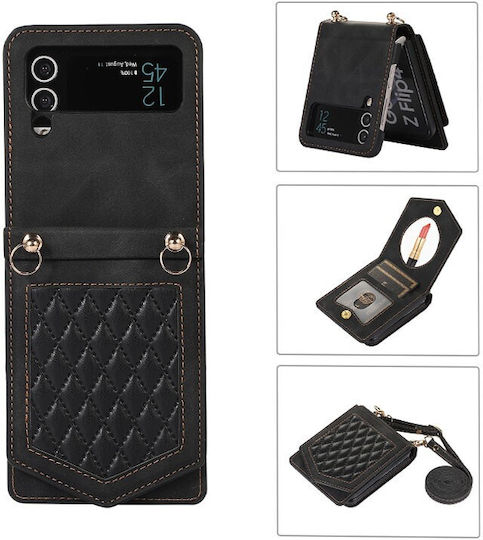 Rhombic Texture Back Cover Synthetic Leather with Strap Black (Galaxy Z Flip3)