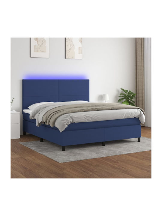 Bed Queen Upholstered with Fabric Blue with Sla...