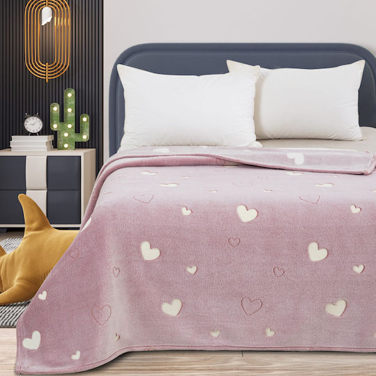 Κουβέρτα Fleece Hearts Φωσφορίζουσα Ροζ 160x220εκ.