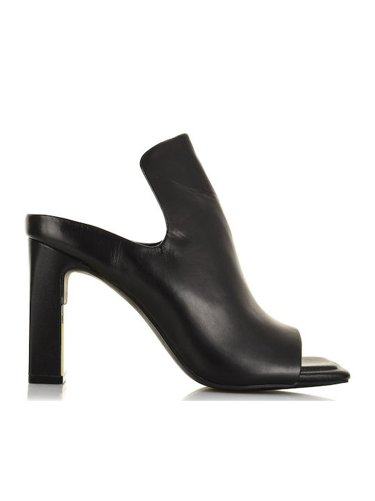 Leather Mules with Chunky High Heel in Black Color