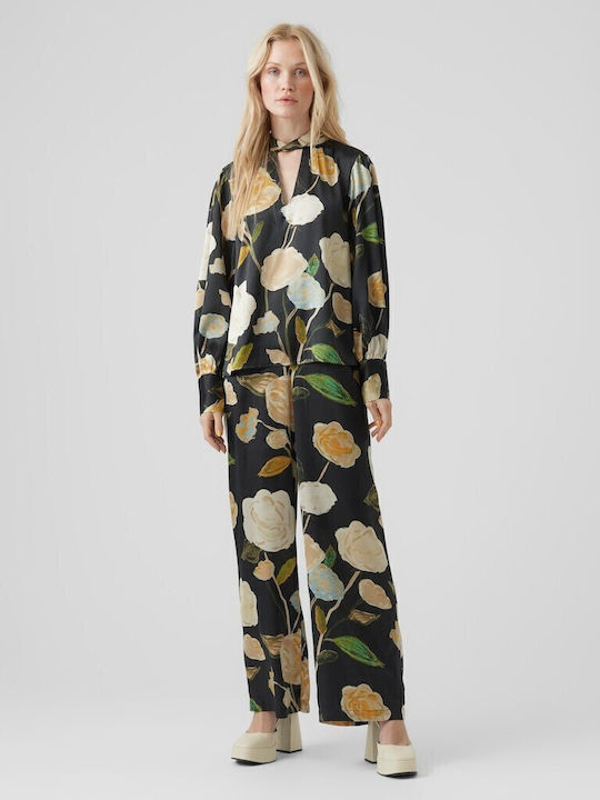 Damen Hoch tailliert Stoff Hose mit Gummizug in Weitem Schnitt Blumen Schwarz