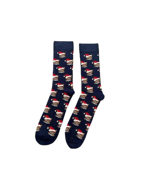 Men Christmas Socks L31 Ανδρικές Βαμβακερές Μακριές Χριστουγενιάτικες Κάλτσες με σχέδιο σε σκούρο Μπλέ χρώμα