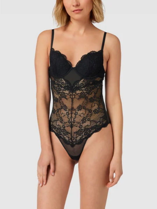 Guess Lingerie Spaghetti Strap Bodysuit with Lace Black
