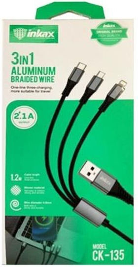 Inkax CK-135 Braided Cablu USB la Lightning / Type-C / micro USB cu mai multe porturi 2.1A Negru 1.2m
