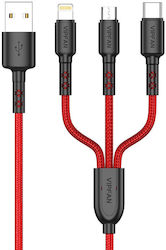 Vipfan X02 Braided USB to Lightning / Type-C / micro USB 1.5m 3.5A Cable Red (X02LMT-red)