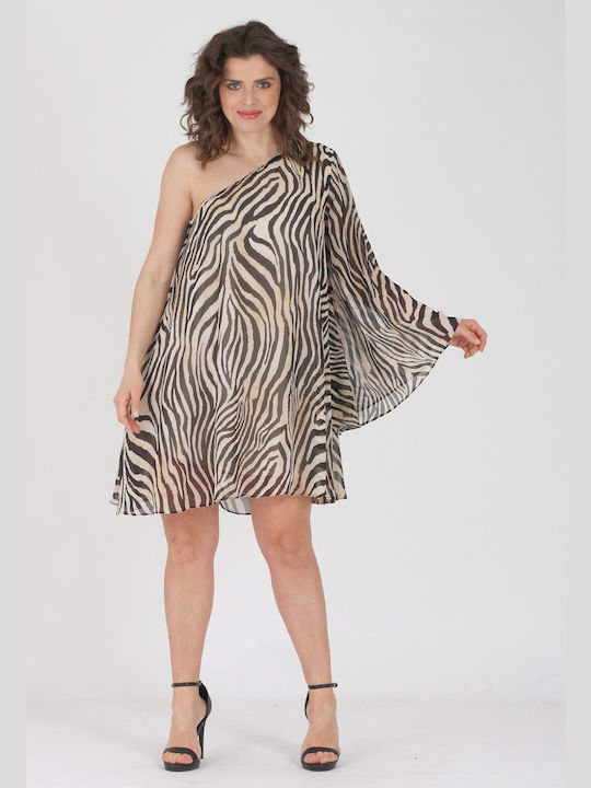 Mini dress with one shoulder, animal-print