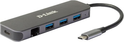 D-Link USB 3.0 Hub 4 Θυρών με σύνδεση USB-C / Ethernet & Θύρα Φόρτισης Γκρι