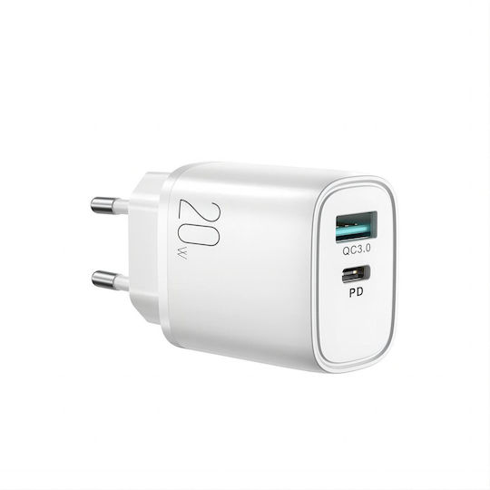 Joyroom Charger Without Cable with USB-A Port and USB-C Port 20W Quick Charge 3.0 Whites