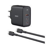 Aukey Φορτιστής με Θύρα USB-A και 2 Θύρες USB-C και Καλώδιο USB-C 90W Quick Charge 3.0 / Quick Charge 4+ / Quick Charge 4.0 Μαύρος (Omnia Mix 2)