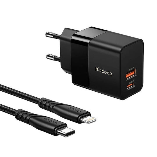 Mcdodo Incarcător Cu Port USB-A Și Port USB-C Și Cablu USB-C - Lightning 20W Negru (CH-1952)