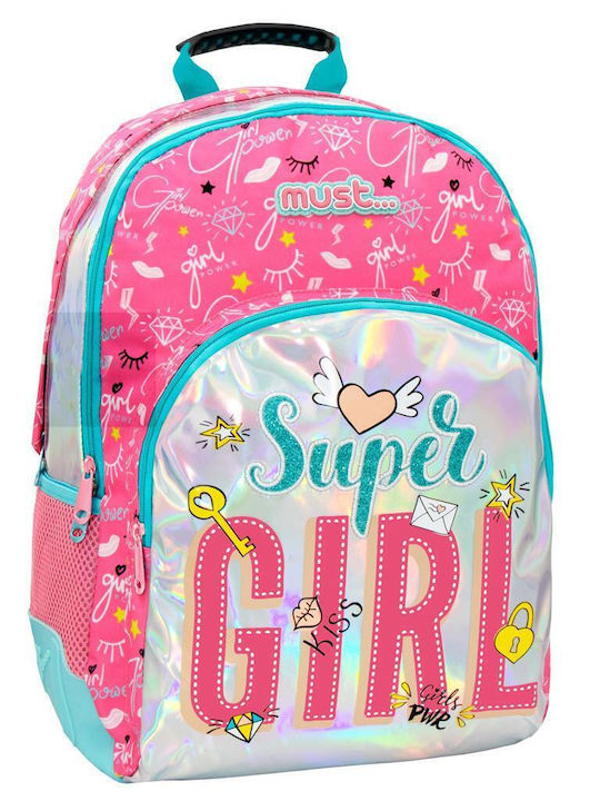 Must Energy Super Girl with 3 Compartments School Bag Backpack Elementary, Elementary in Pink color