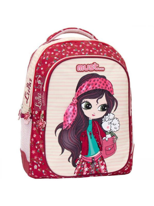 Must Luna with 3 Compartments School Bag Backpack Elementary, Elementary in Red color