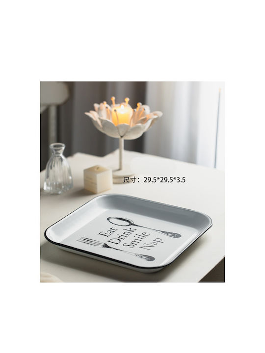 Lalos Vintage Metal Rectangular Serving Tray with Handles in White Color 29.5x29.5x3.5cm 5382 1pcs
