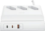 Usams 3-Outlet Power Strip with USB 2m White