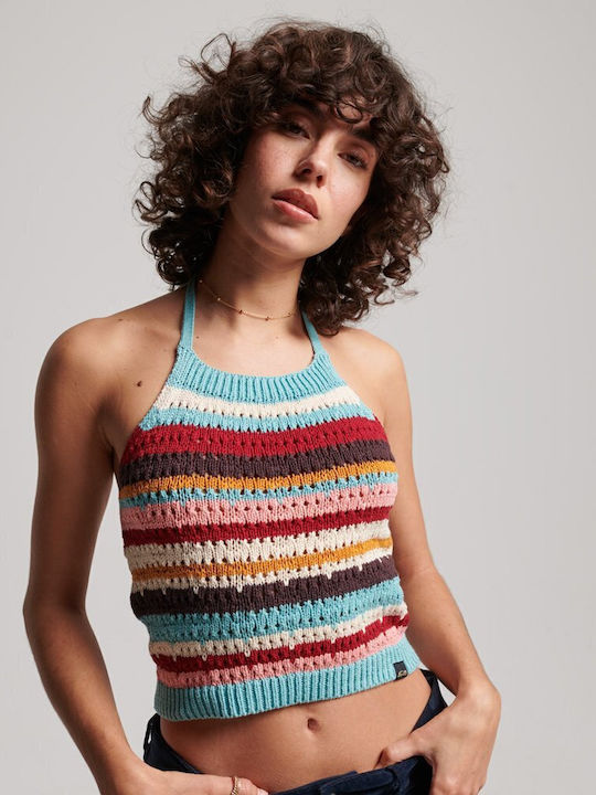 Vintage Women's Summer Crop Top Cotton with Straps & Halter Neck Striped Multicolour