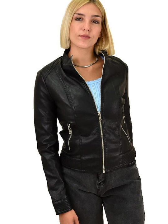 Potre 17521 Women's Short Biker Artificial Leather Jacket for Winter Black