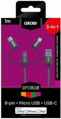 Grixx Braided USB to Lightning / Type-C / micro USB 1m Cable Gray (GROCA3IN1FG01)