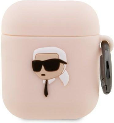 Karl Lagerfeld Karl Head 3D Hülle Silikon mit Haken in Rosa Farbe für Apple AirPods 1 / AirPods 2