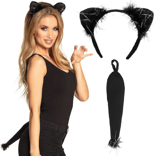 Cat Headband and Tail Costume Set Carnival Accessory Black