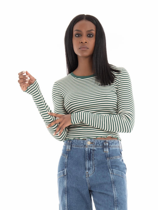 Only Women's Crop Top Long Sleeve Striped White/Green