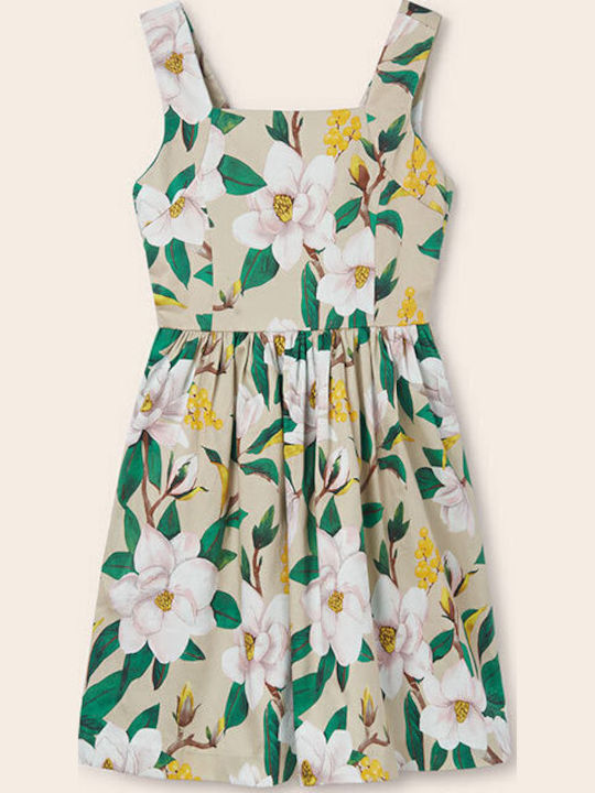 Children's Dress Sleeveless Satin Floral Beige