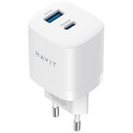 Havit Ladegerät ohne Kabel mit USB-A Anschluss und USB-C Anschluss 30W Stromlieferung / Schnellaufladung 3.0 Weißs (UC30)