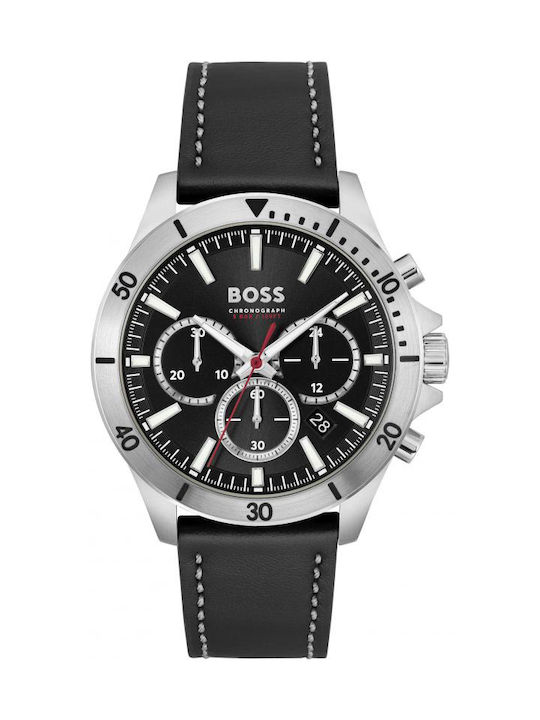 Hugo Boss Troper Ρολόι Χρονογράφος Μπαταρίας με Δερμάτινο Λουράκι σε Μαύρο χρώμα