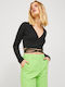 Women's Crop Top Cotton Long Sleeve with V Neckline Black